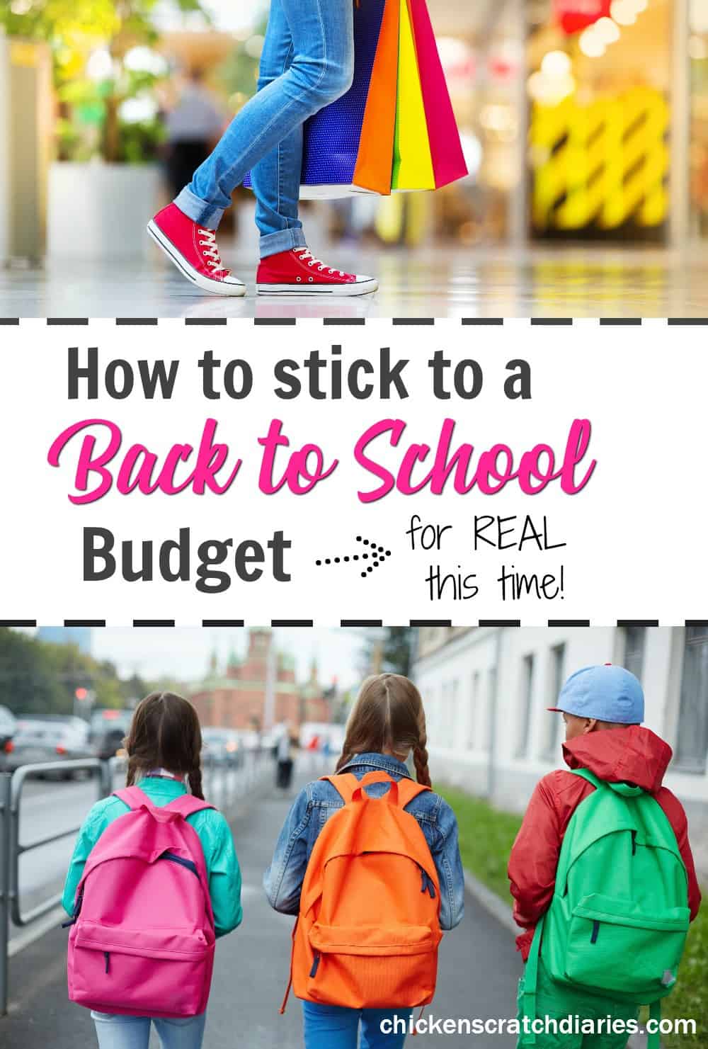 Back to school budgeting tips: image of kids shopping and wearing backpacks to school