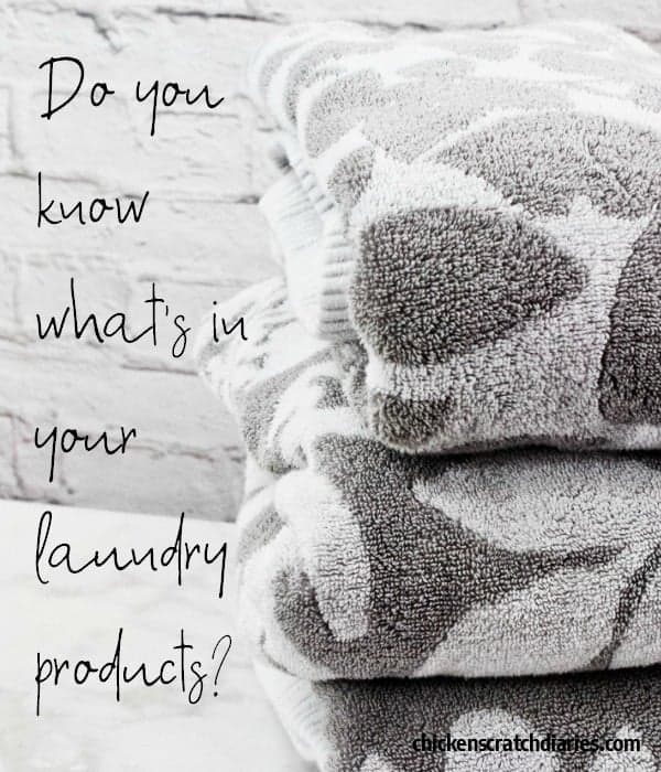 Stack of towels with text overlay that reads "Do you know what's in in your laundry products?"