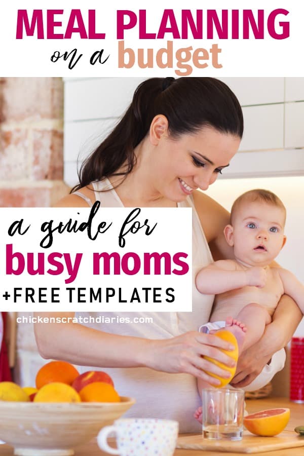 Vertical graphic of Mom holding a baby in the kitchen with text: Meal Planning on a Budget- a guide for Busy Moms.