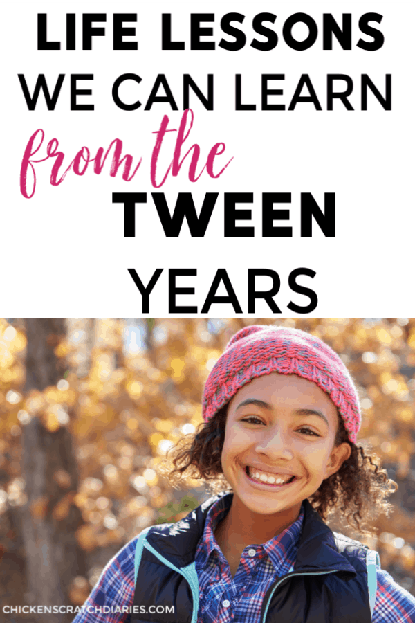 Image of young girl smiling standing outdoors in fall with text "Life lessons we can learn from the tween years"