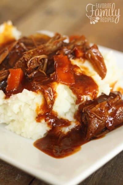 Beef goulash over mashed potatoes.