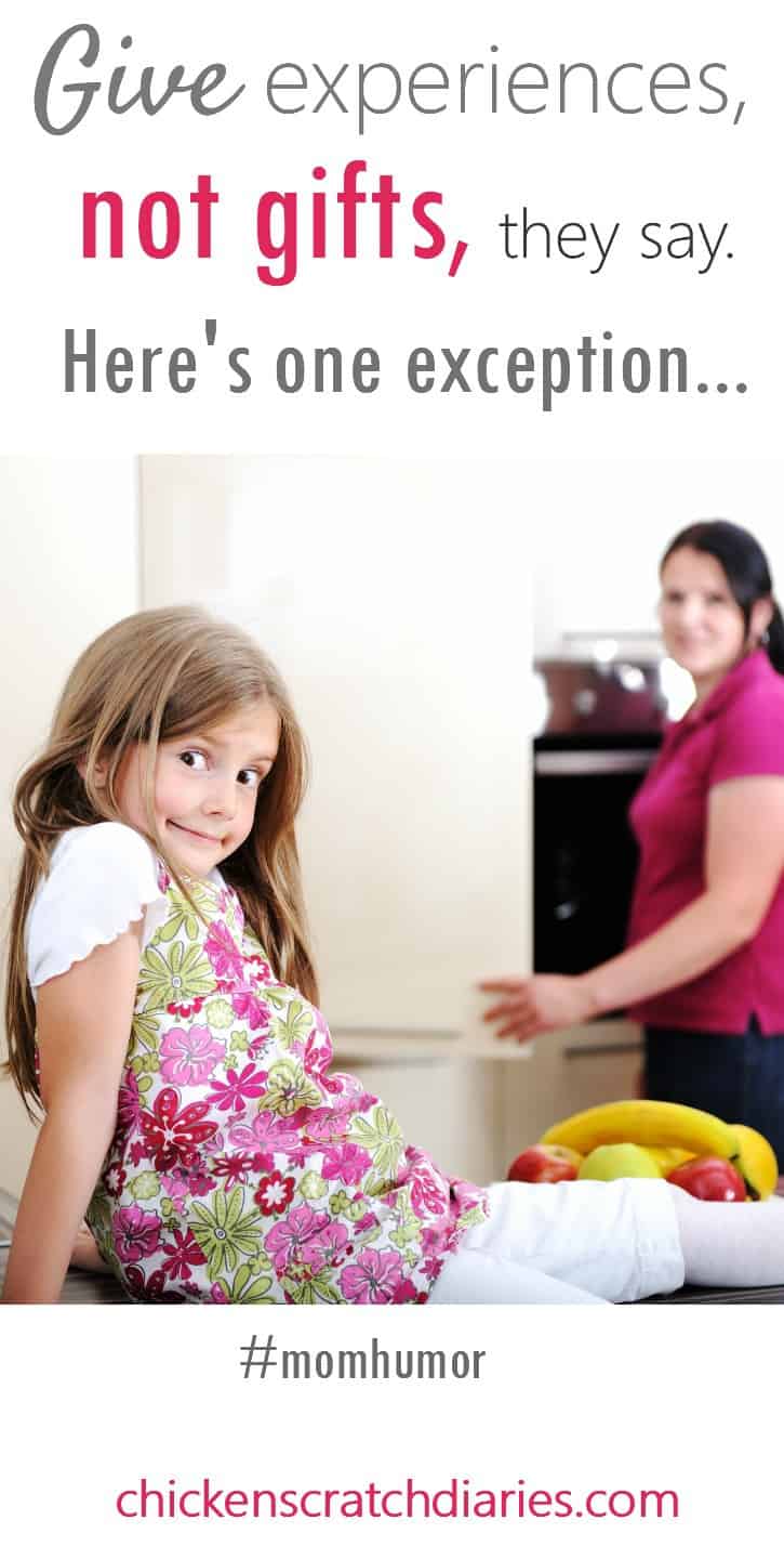 Vertical graphic with mischevious girl sitting on countertop in kitchen and text "Give experiences, not gifts, they say. Here's one exception"