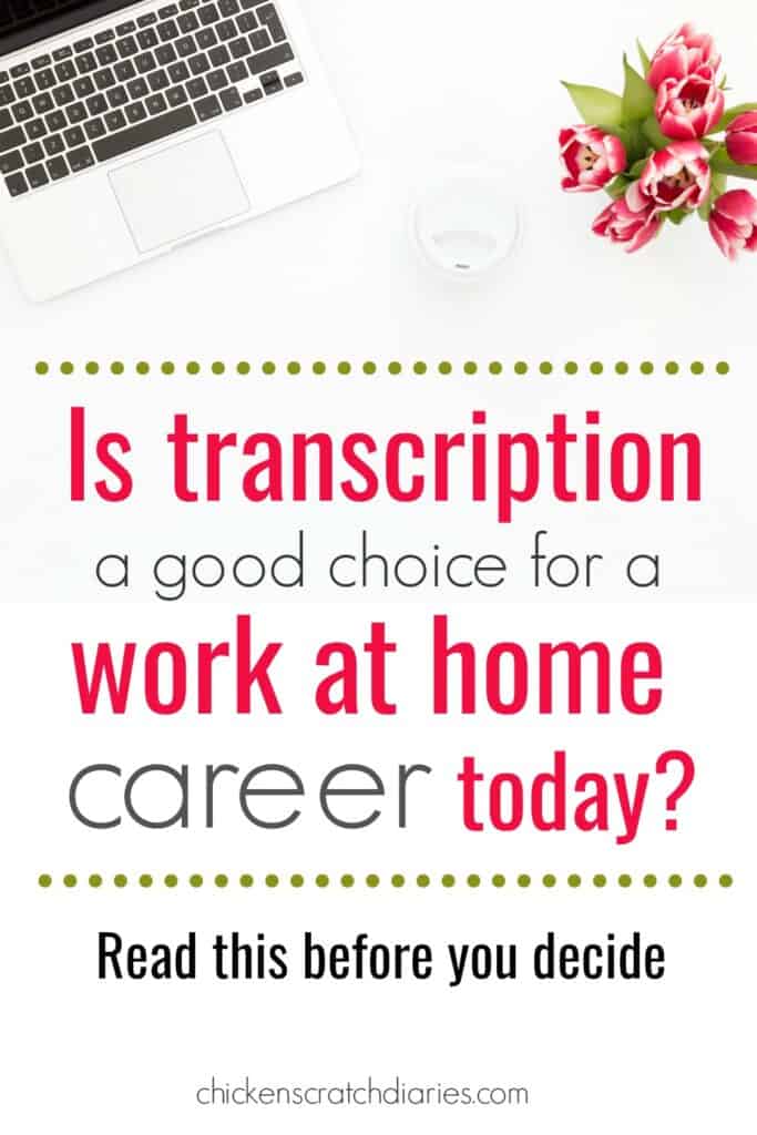 Is transcription a good work at home career today? Graphic with text overlay.