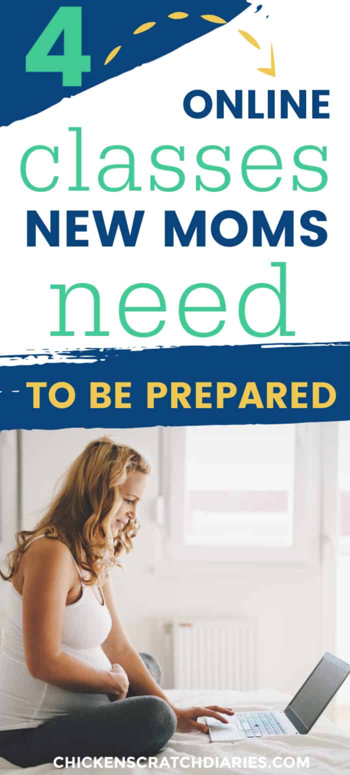 Graphic of pregnant woman searching on laptop- example of how to prepare for your newborn- with text above "4 online classes new moms need to be prepared".