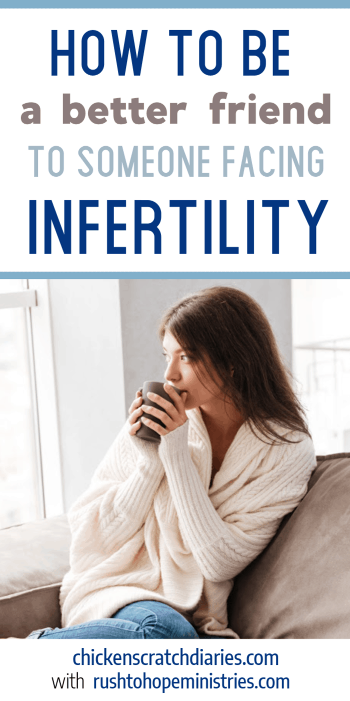 Vertical graphic with image of woman sipping coffee, looking out window and text "How to be a better friend to someone facing infertility"