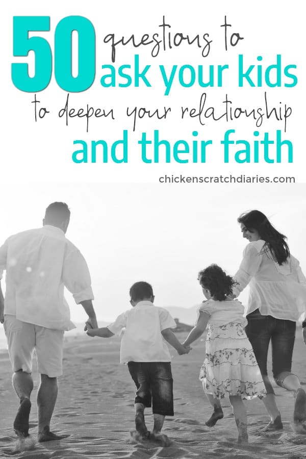 graphic with text- 50 questions to ask your kids to strengthen your relationship and their faith- with image of family walking on beach together below.