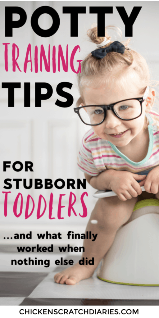 Graphic of little girl with oversized glasses sitting on a training toilet with text overlay: "Potty training tips for stubborn toddlers...and what finally worked when nothing else did"