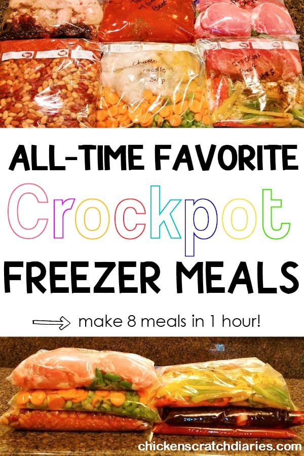 Graphic with image of freezer bags with crockpot meals with text - All-time favorite Crockpot Freezer meals; Make 8 meals in 1 hour!