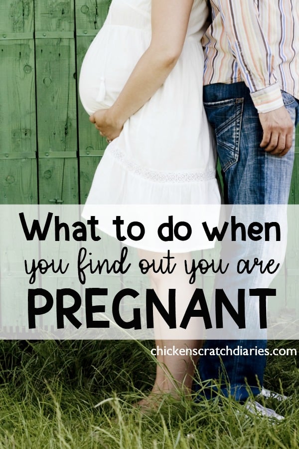 Graphic with Pregnant woman and husband standing back to back with text overlay "What to do when you find out you are pregnant" 