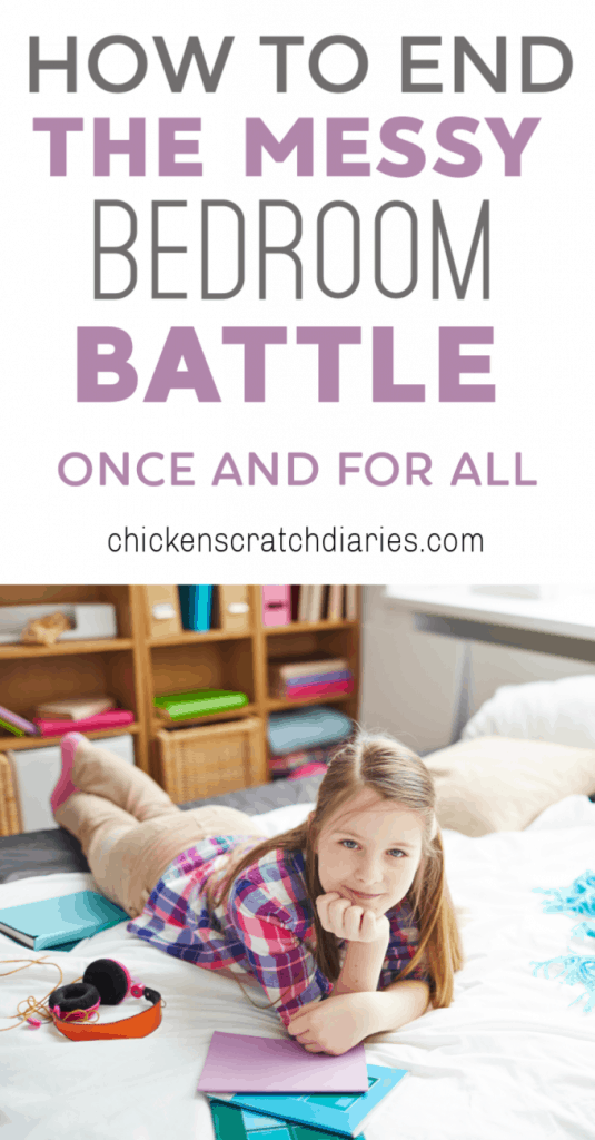 Vertical graphic with girl sitting on her bed with notebooks and text "How to end the messy bedroom battle once and for all!"