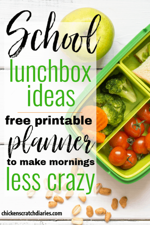 Graphic with text- School lunchbox ideas -free printable planner to make mornings less crazy; with image of lunch container and veggies on a white background.