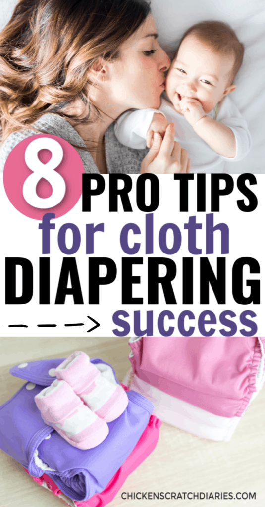 Image of mom and baby with text: 8 pro tips for cloth diapering success