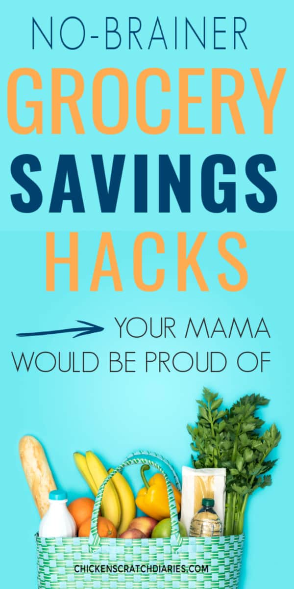 Graphic of a blue basket of fresh produce with text overlay above: "Grocery Savings Hacks your mama would be proud of"