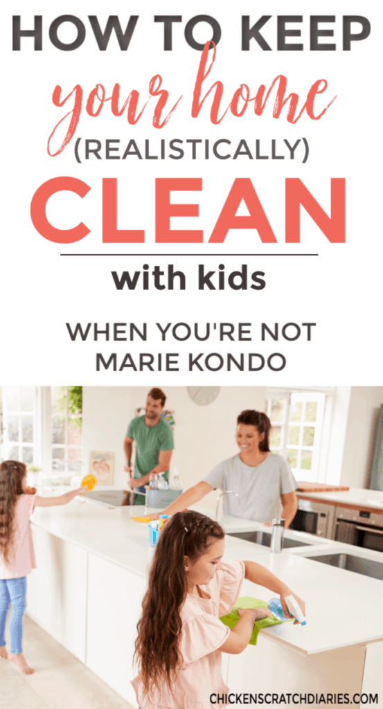 A young family cleans the kitchen together, working cheerfully.