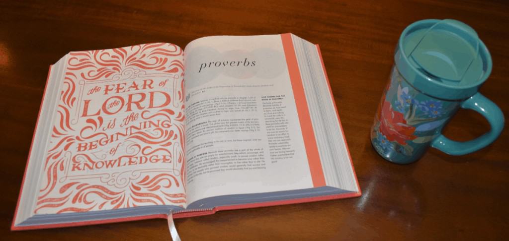 Image of author's open Bible with the book of Proverbs- concept of spiritual goals: daily quiet time.