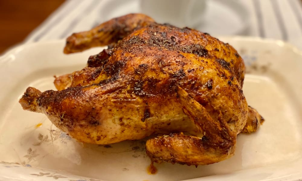 finished whole roasted chicken recipe- just out of oven and ready to eat.