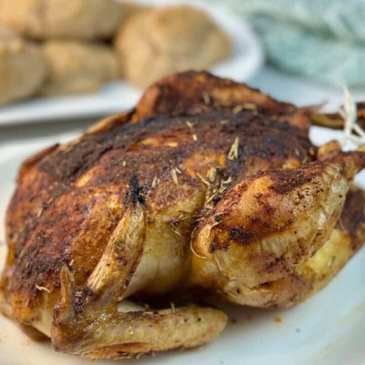 Roasted whole chicken on a platter