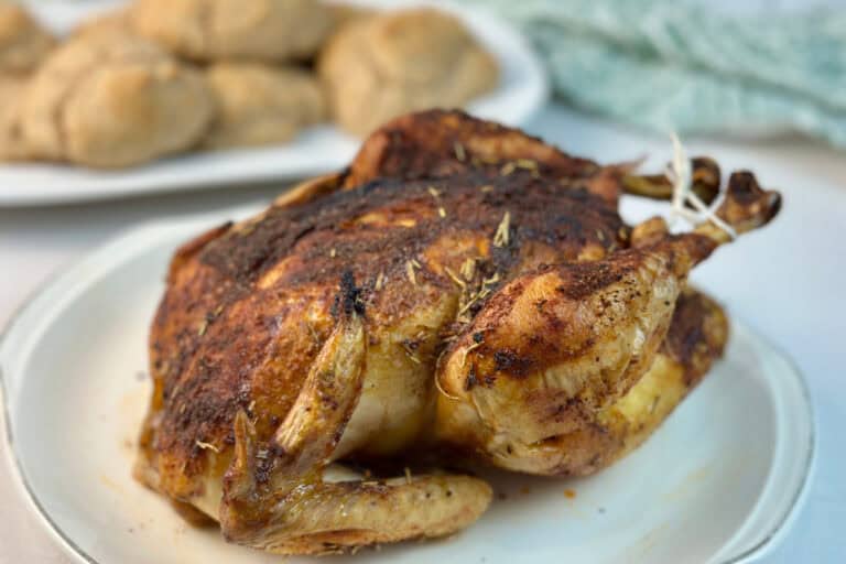 Roasted whole chicken on a platter