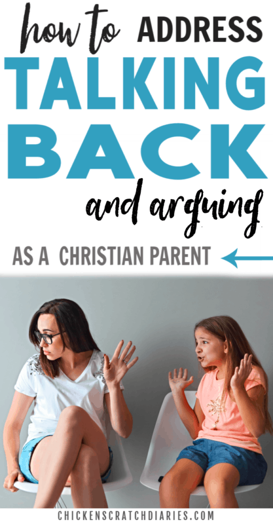 Vertical graphic with mom holding hand up while daughter argues: Concept of how to address talking back and arguing as a Christian parent