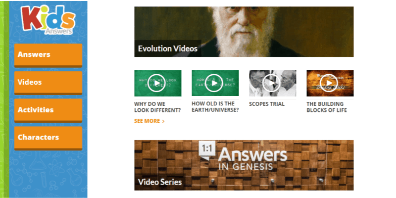 Answers in Genesis screenshot of Kids Answers section.