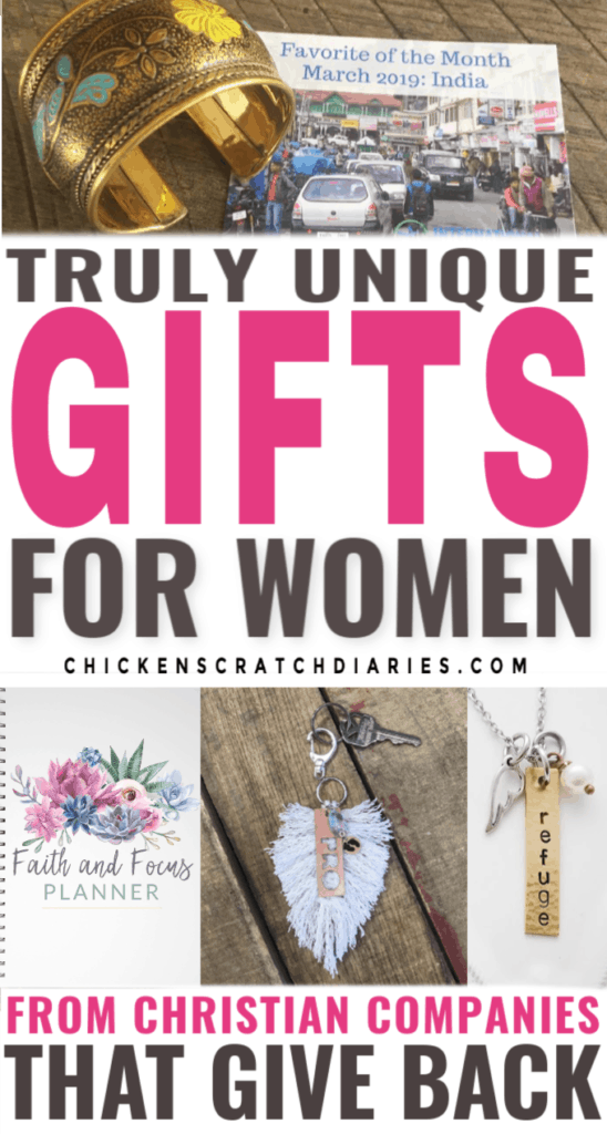Image of gifts with text: Truly Unique Gifts for Women from Christian Companies that Give Back