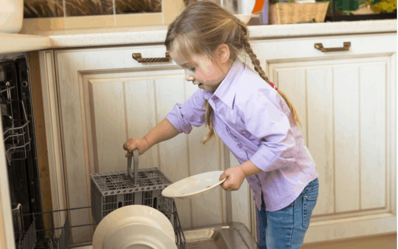 Responsible child concept- Little girl loading dishwasher