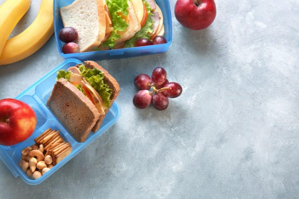 Sandwiches and fruit being prepared for school lunch on a concrete counter top.