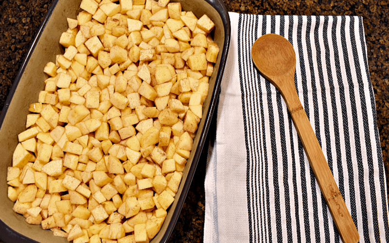 Apple crisp recipe: image of diced apples in baking dish