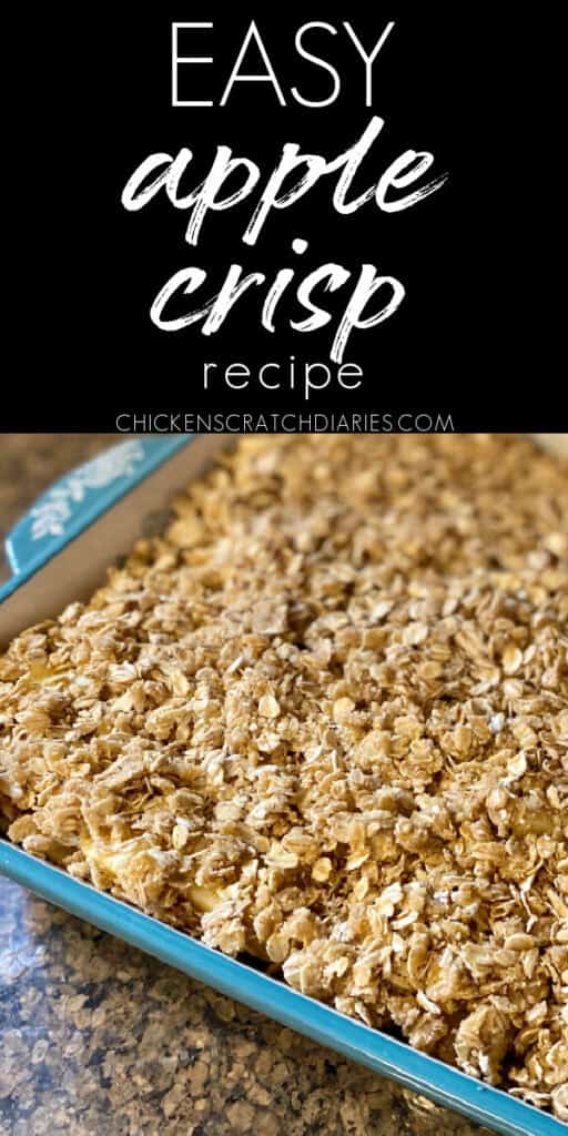 Graphic with image of apple crisp in dish and text "easy apple crisp recipe"