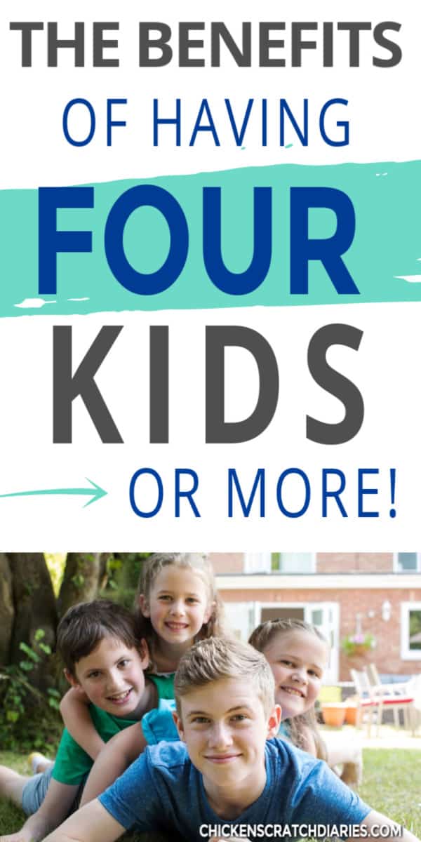 Image of four kids in a pile-up on the lawn with text overlay: The benefits of having four kids - or more!