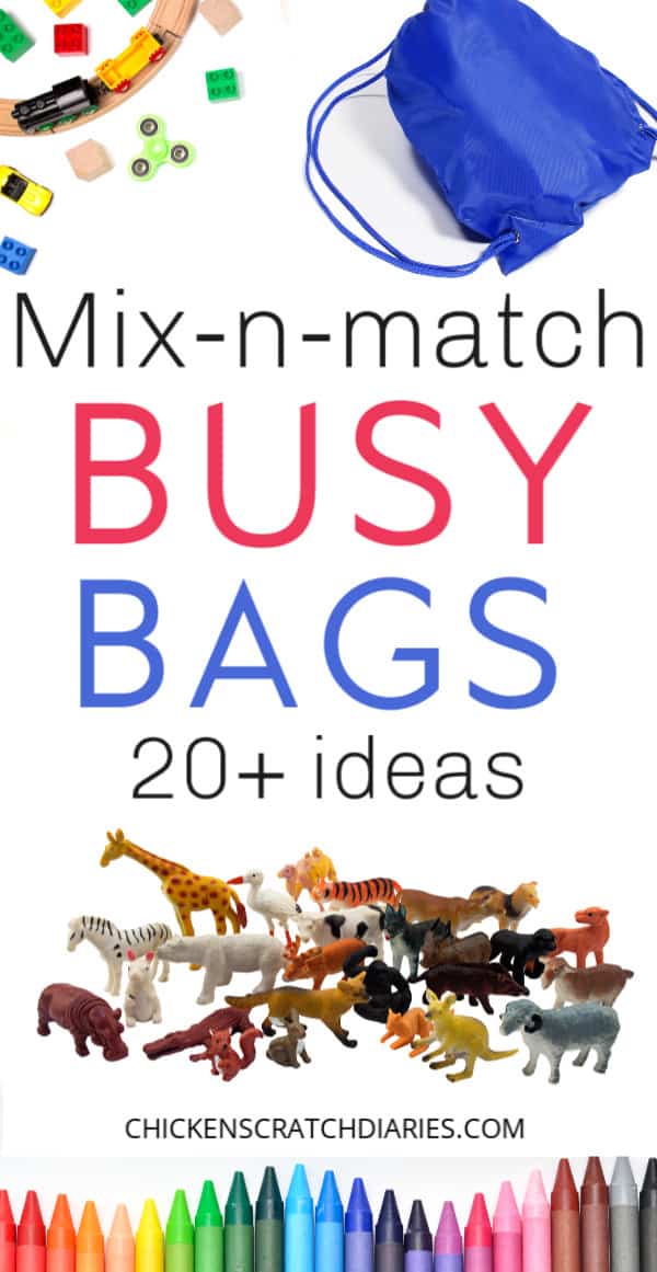 Graphic with text - Mix-n-match Busy Bags; 20+ ideas.  