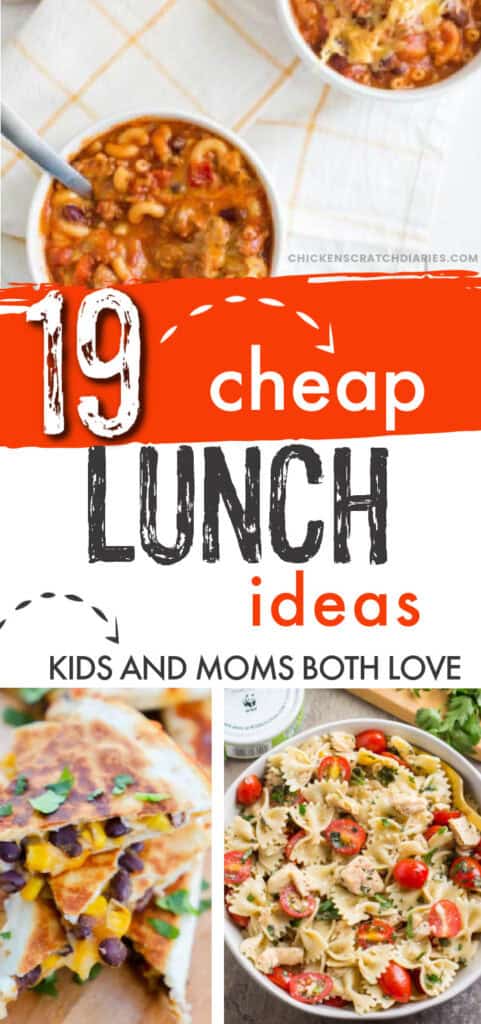 Image of three meals with text "19 cheap lunch ideas kids and moms both love"