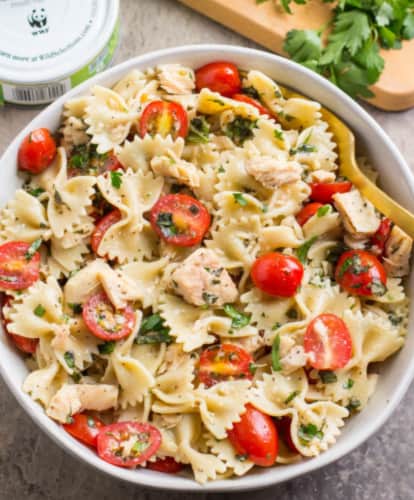 Healthy tuna pasta salad in a large bowl.