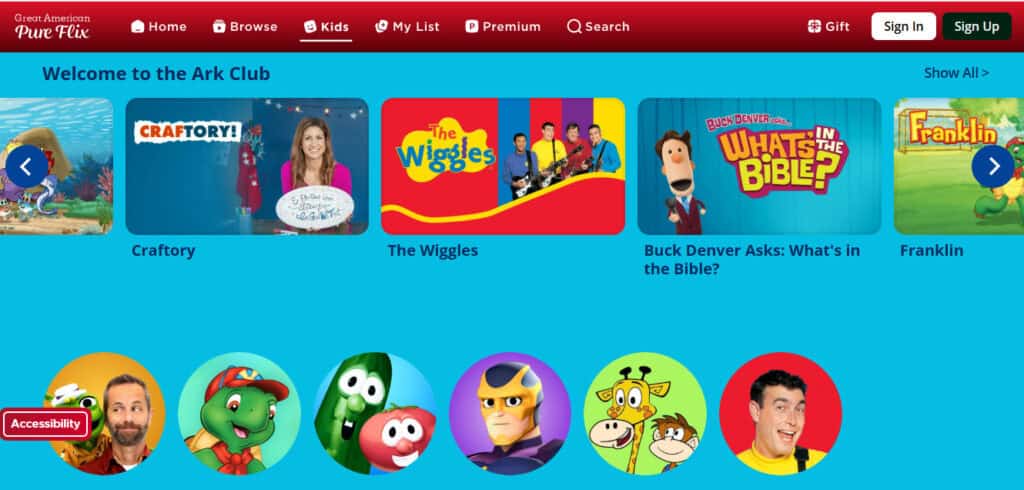 Screenshot of Great American Pureflix kids' content homepage.