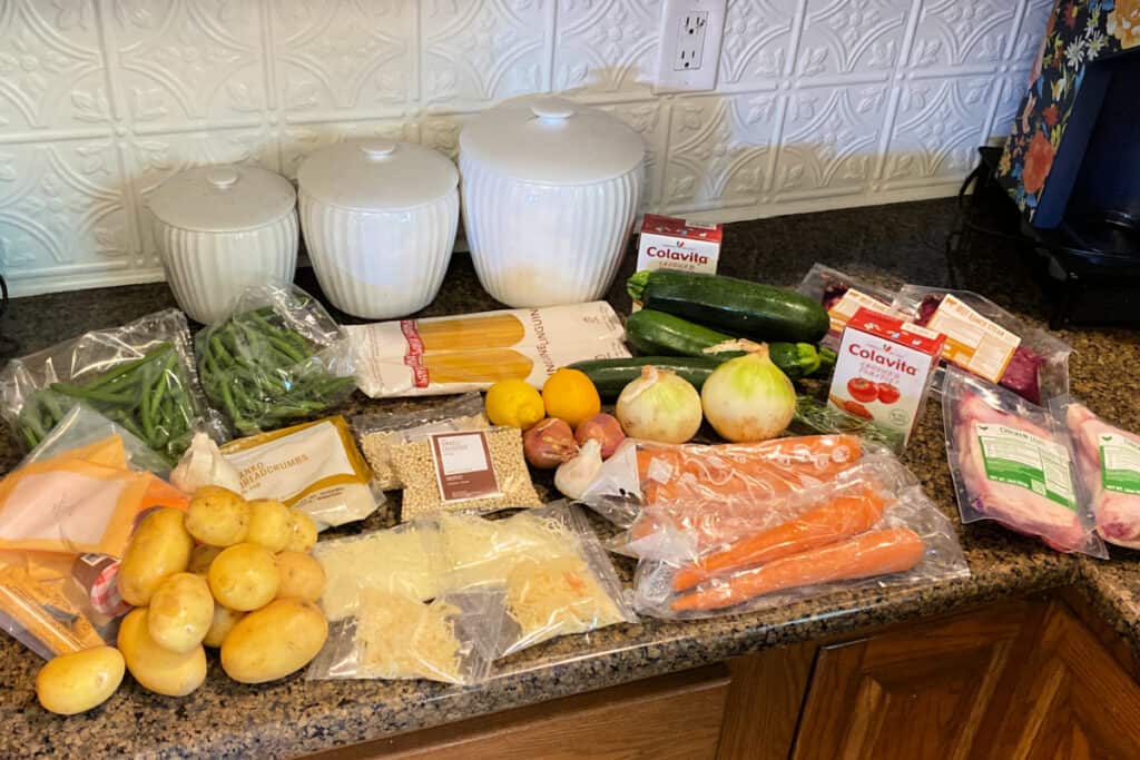 Everyplate unboxing- ingredients on countertop.