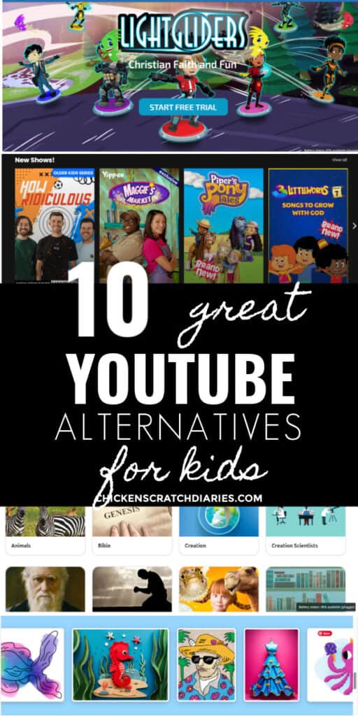 Vertical graphic with examples of video content and text overlay "10 great youtube alternatives for kids"