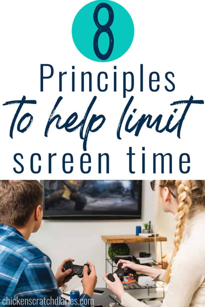 image of two children playing video games with text- 8 principles to help limit screen time