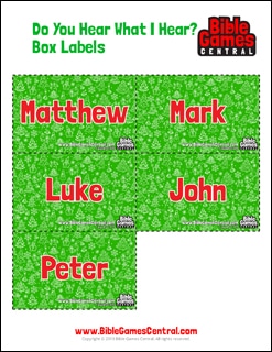 Image of the printable labels for the Christian Christmas game, "Do you hear what I hear"