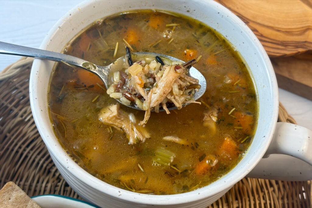 Closeup of finished soup in bowl.