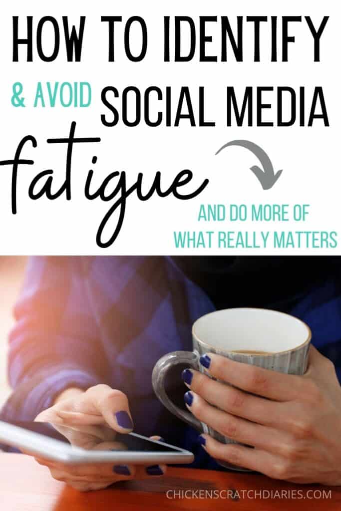 vertical graphic with image of woman holding smartphone and text "How to identify and avoid social media fatigue"