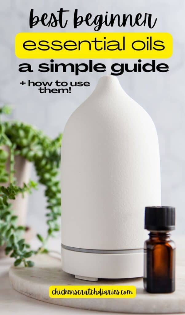 Vertical graphic with image of diffuser and text "best beginner essential oils- a simple guide and how to use them!"