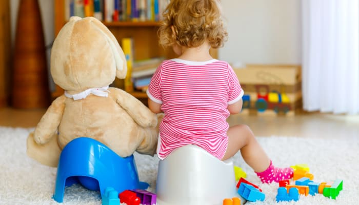 2 year old girl potty training in living room on a toddler potty training seat, beside a stuffed animal.