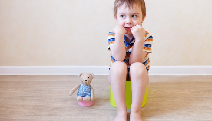 Preschool boy sitting on the potty -- concept of potty training strong willed boy-success