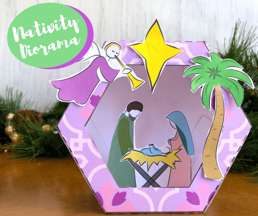 Image of completed nativity diorama 3D kids' craft made from printable template.
