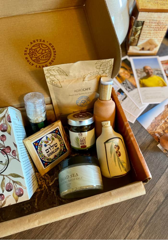 Image of items from Israel in the Artza box subscription. 