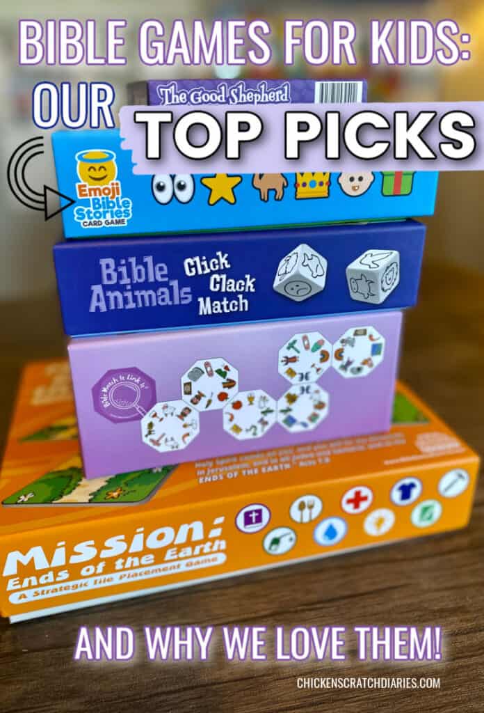 Image of games stacked up: The best Bible board games and BIble card games for kids