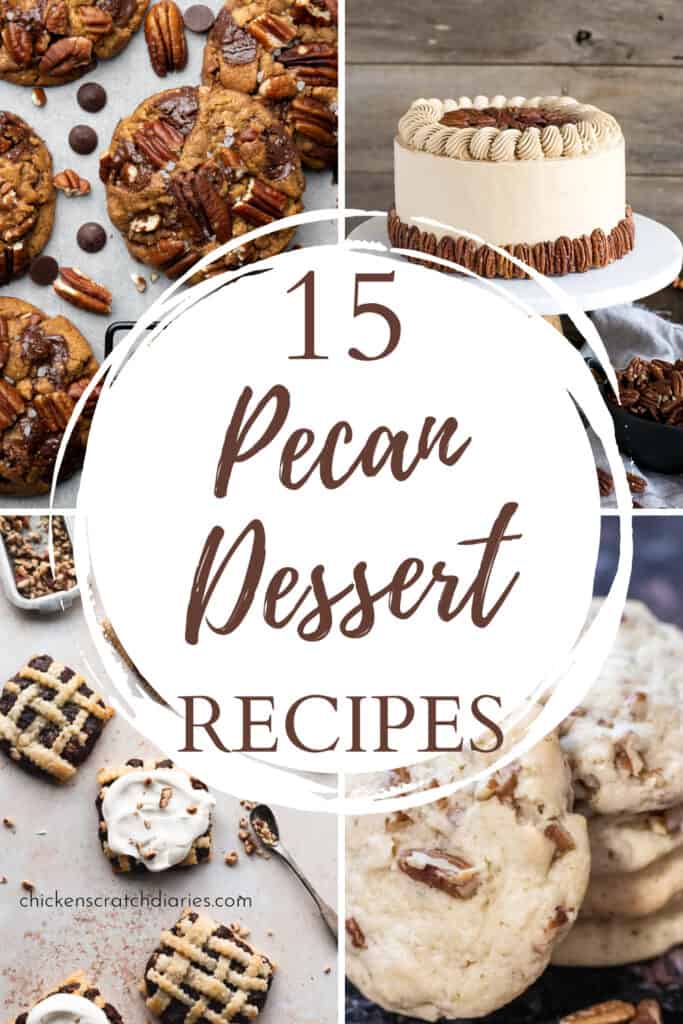 Collage image of easy pecan desserts - pecan cookies, pecan pie cake, pecan hand pies and pecan sandies, with text 15 pecan dessert recipes.