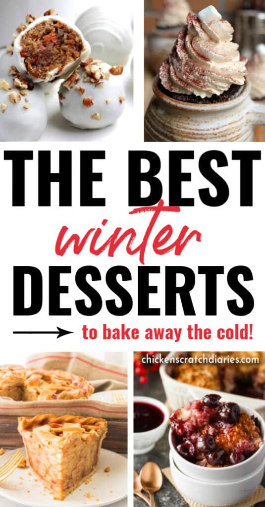 Image of four winter treats to bake: cake bites, hot chocolate cupcakes, apple pie and cherry cobbler.