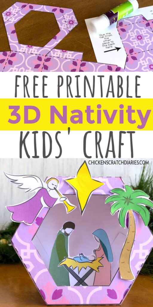 Image of how to make the nativity scene craft and the finished craft image with text-free printable 3d nativity craft for kids.
