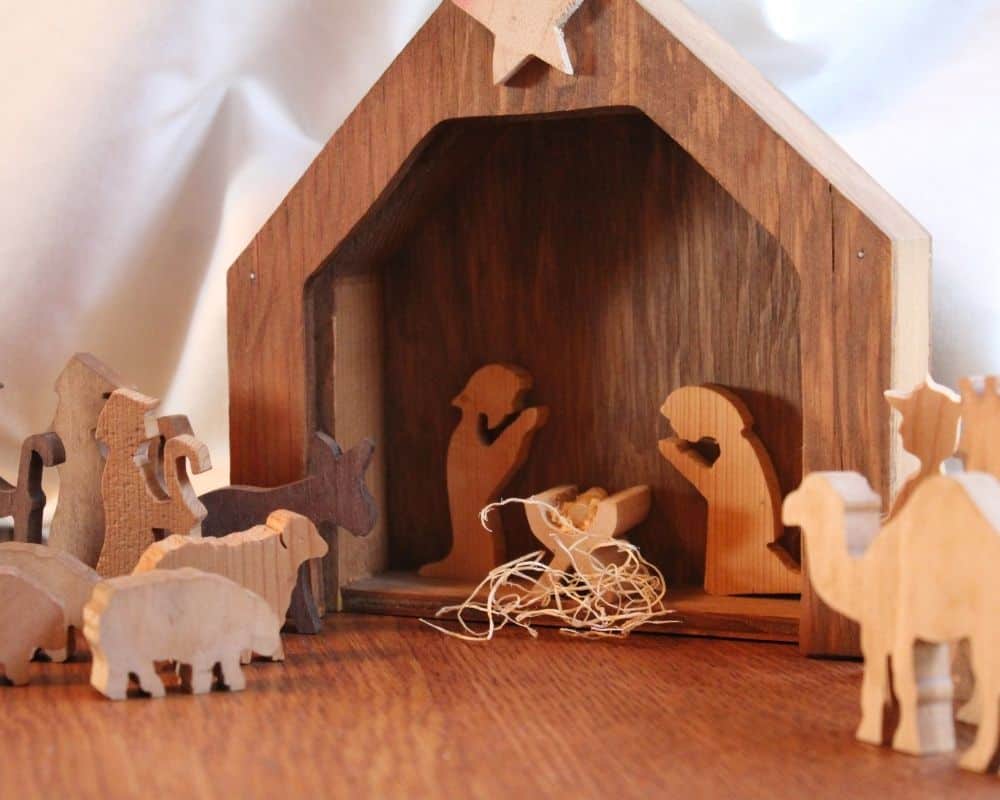 Image of rustic wooden nativity set.